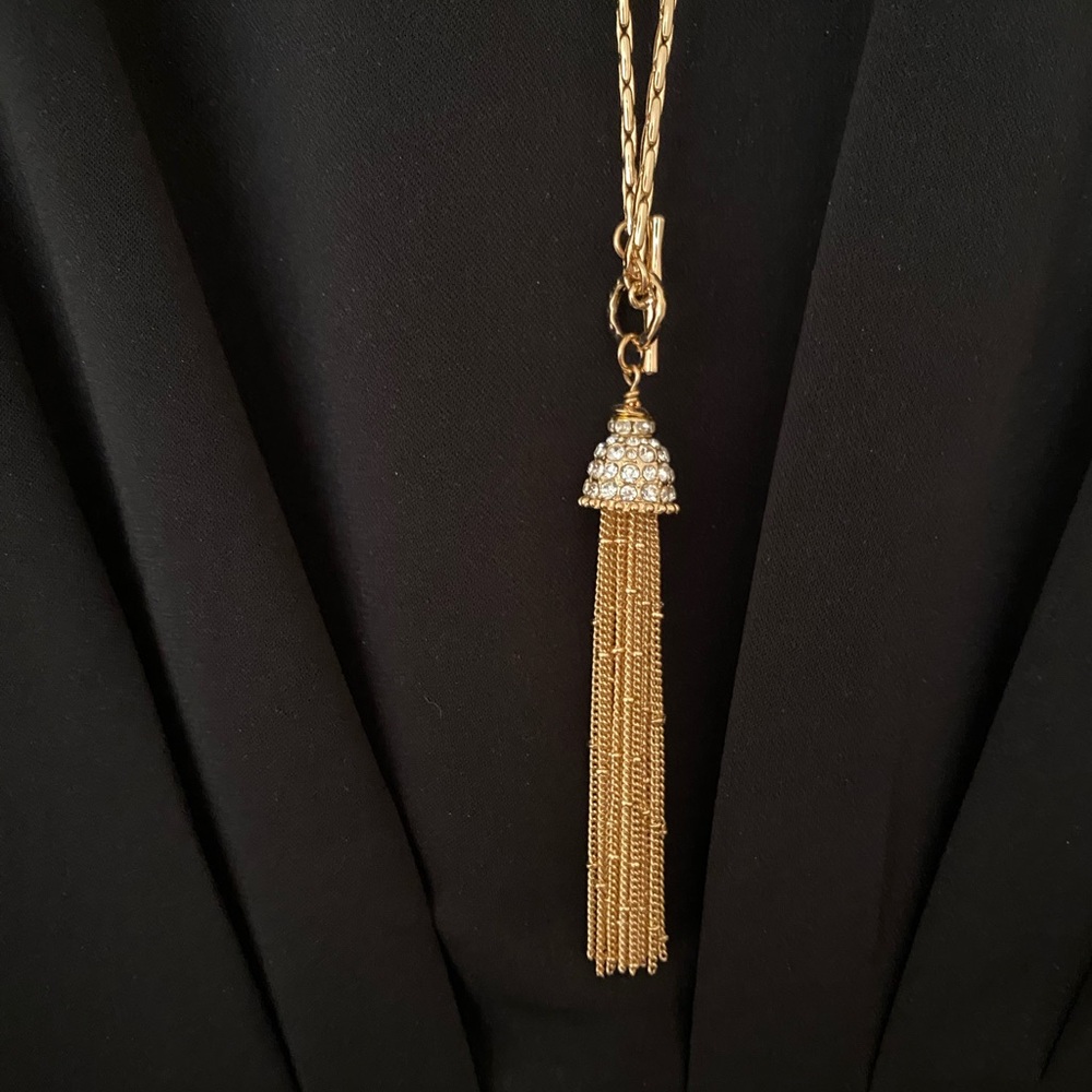 💛 Lilly Pulitzer Fronds Tassel Necklace Rhinestone & Gold Metallic 💛
